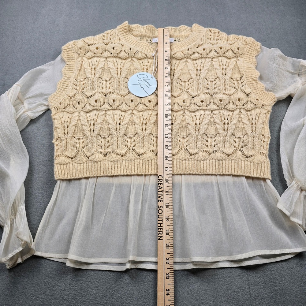 Cloud Ten Womens Mixed Media Knit Sweater Top Cream White CSW11746A Small NWT - Picture 2 of 8
